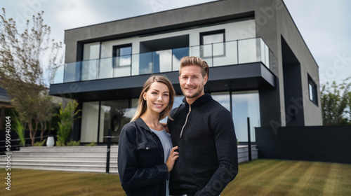 Proud Beautiful Young Couple In Front of New Home - Generative AI. © Andy Dean