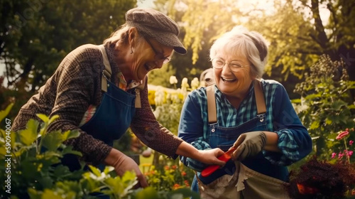 Two Elderly Female Friends Laughing and Gardening Together - Generative AI.