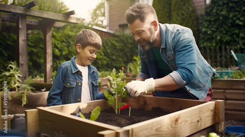 Young Father and Son Gardening in The Back Yard Together - Generative AI.
