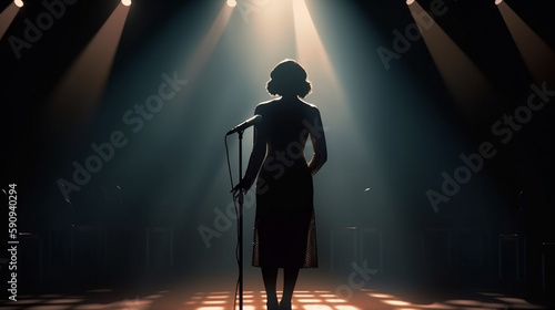 Silhouette of a Female Singer on Stage Next To The Microphone Under The Lights - Generative AI.