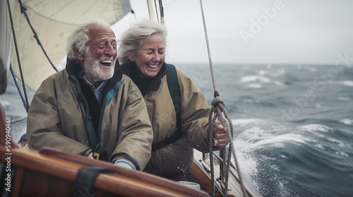 A Happy Older Senior Couple Sailing Laughing and Enjoying The Thrill of Riding Out A Storm Together on Their Boat - Generative AI. © Andy Dean