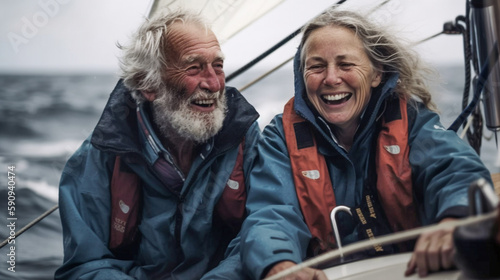 A Happy Older Senior Couple Sailing Laughing and Enjoying The Thrill of Riding Out A Storm Together on Their Boat - Generative AI.