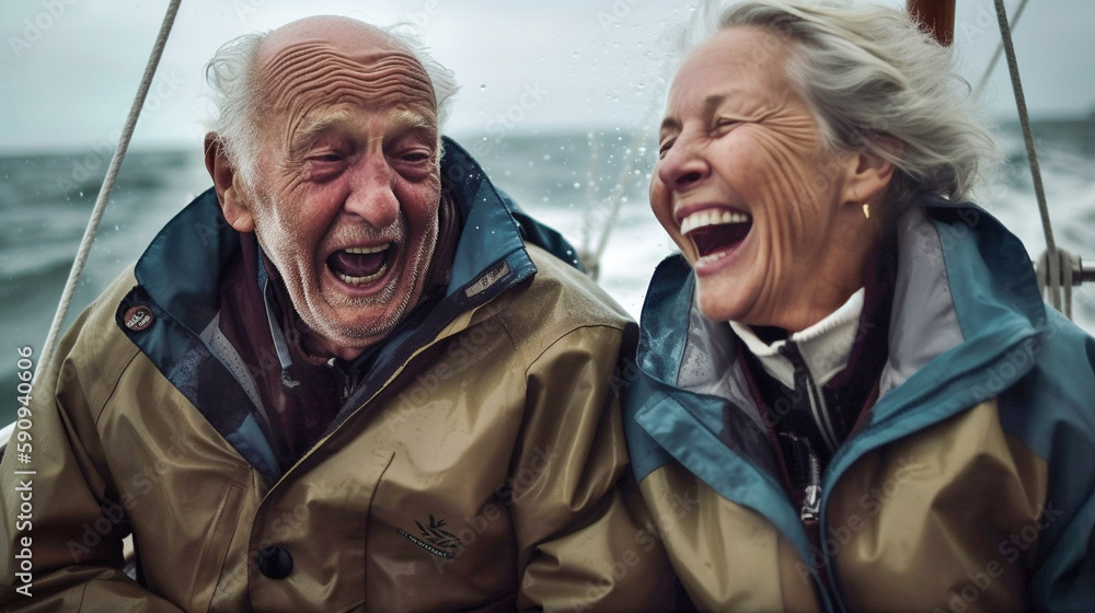 A Happy Older Senior Couple Sailing Laughing and Enjoying The Thrill of Riding Out A Storm Together on Their Boat - Generative AI.