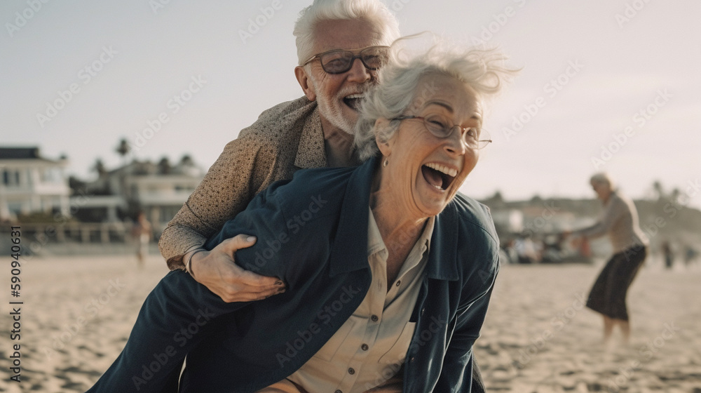 Happy Senior Couple Laughing and Riding Piggyback On The Beach - Generative AI.