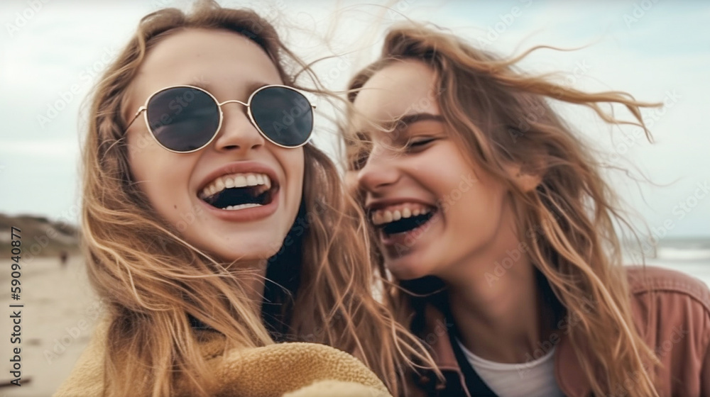 Two Young Girlfriends Posing Wearing Sunglasses Having Fun on the Beach - Generatvie AI. Two Young Girlfriends Posing Wearing Sunglasses Having Fun on the Beach - Generatvie AI.
