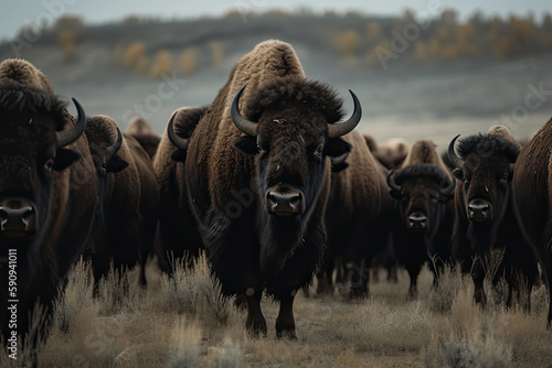 Stoic Bison Herd Roaming on American Prairie