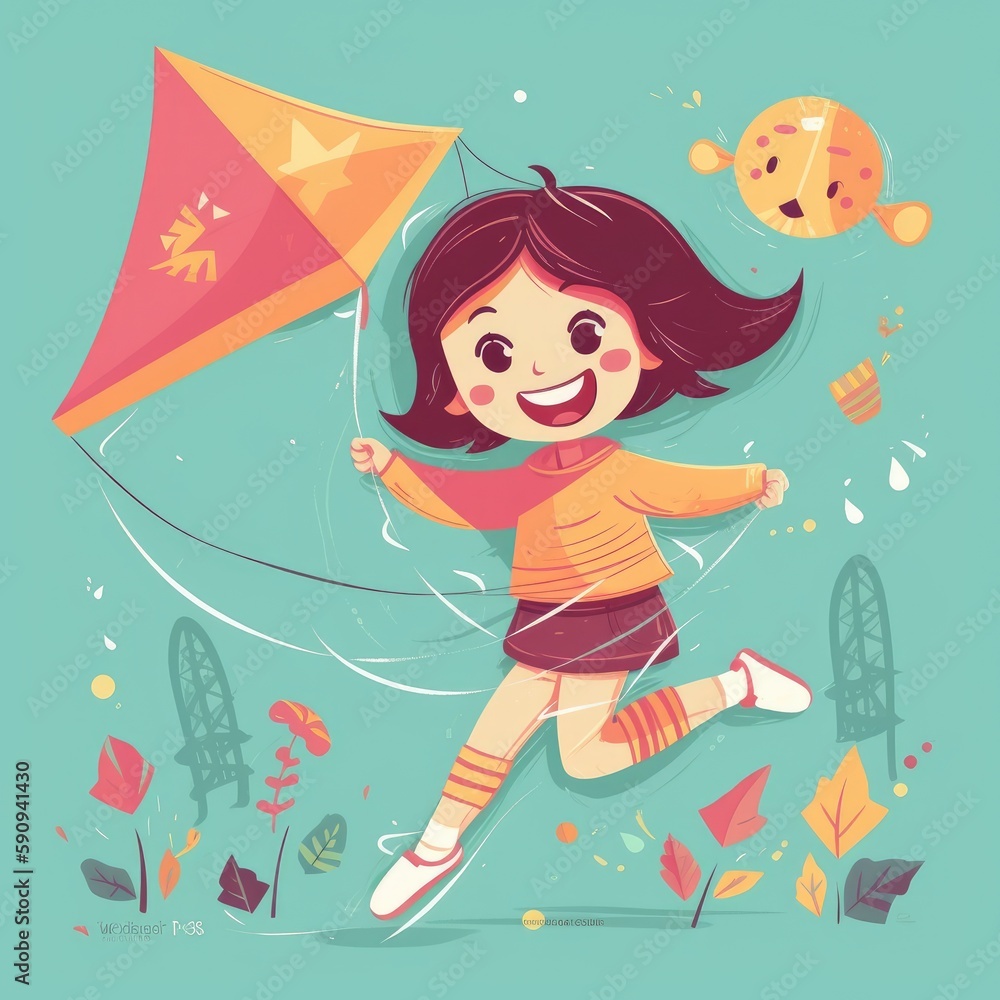Little girl running flying kite, cartoon illustration with generative ai Little girl running flying kite, cartoon illustration with generative ai