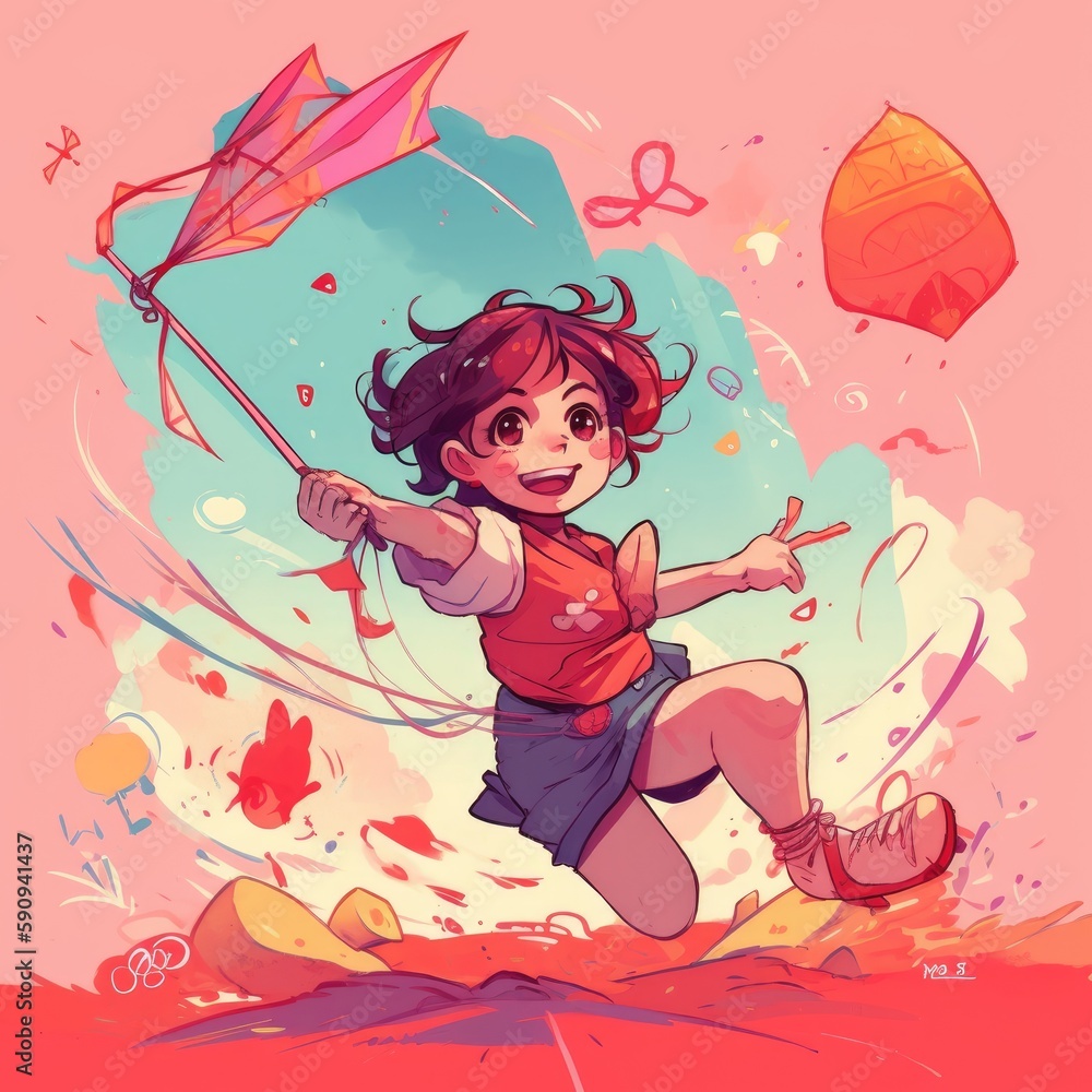 Little girl running flying kite, cartoon illustration with generative ai Little girl running flying kite, cartoon illustration with generative ai