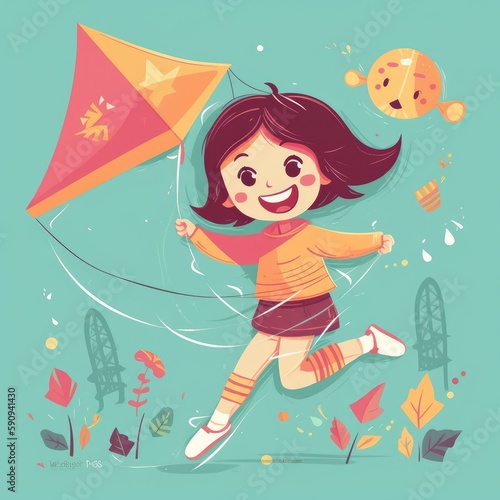 Little girl running flying kite, cartoon illustration with generative ai