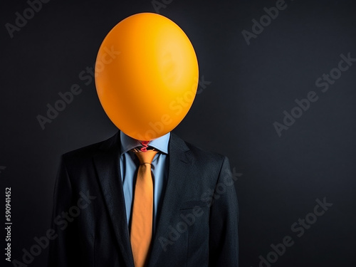 A man with an inflatable balloon instead of his head, in an office suit and against a dark uniform background. Generative AI