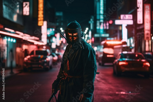 Samurai In The Middle Of Street With Blurred Neon Lights At Night On Background, Made Using Generative Ai