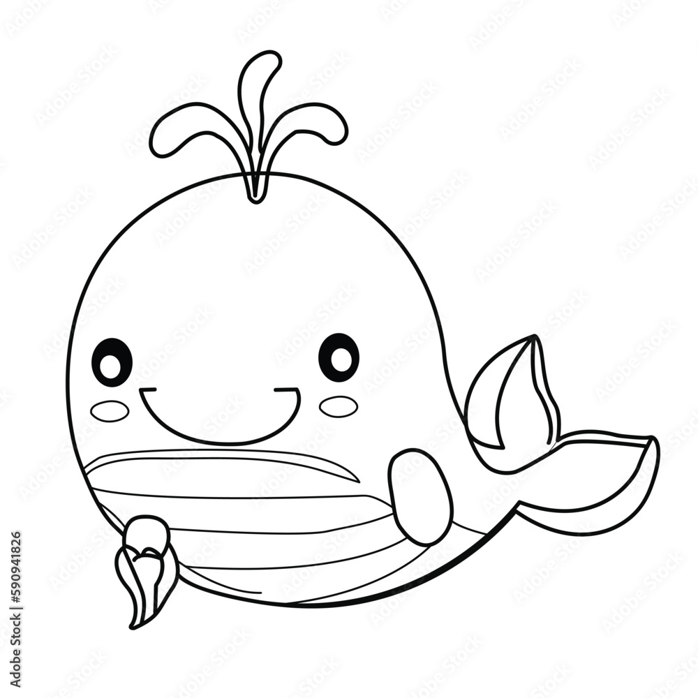 Whale coloring page. Hand drawn whale coloring page. Whale cartoon