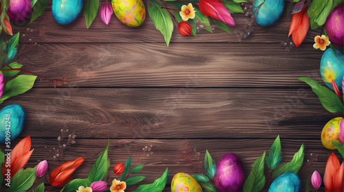 wooden background with copy space, easter day concept, egg pattern, spring leaves and flowers, generative ai