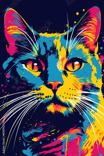 Stylized colorful graphic illustration of cat with generative ai
