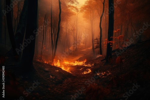 Forest fire with trees on fire photo with generative ai