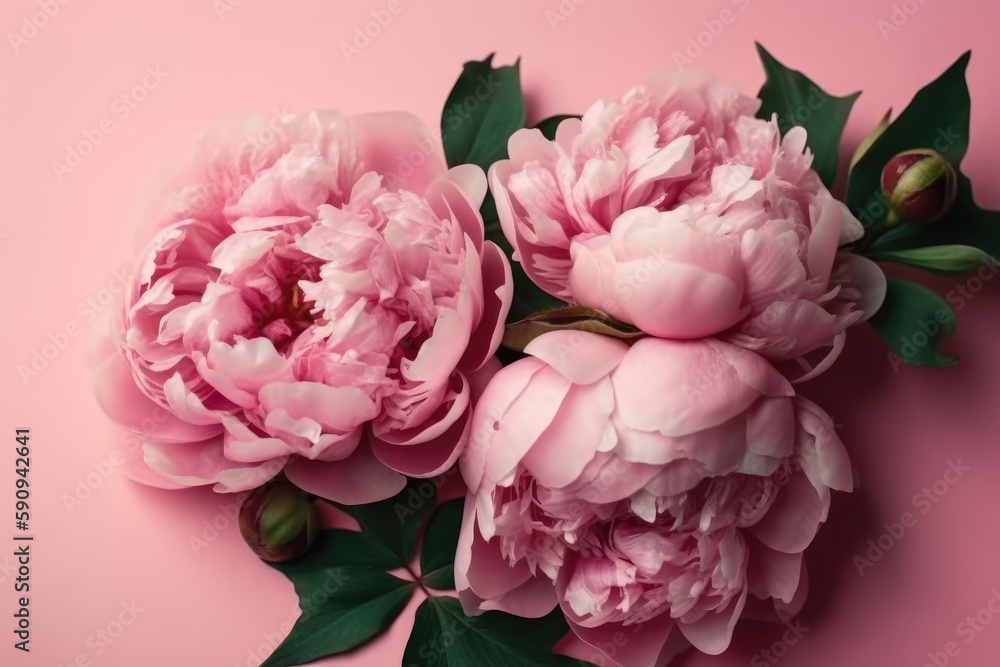 Top view photo of pink peony roses on isolated pastel pink background with copy space. Mother's Day celebration concept with generative ai