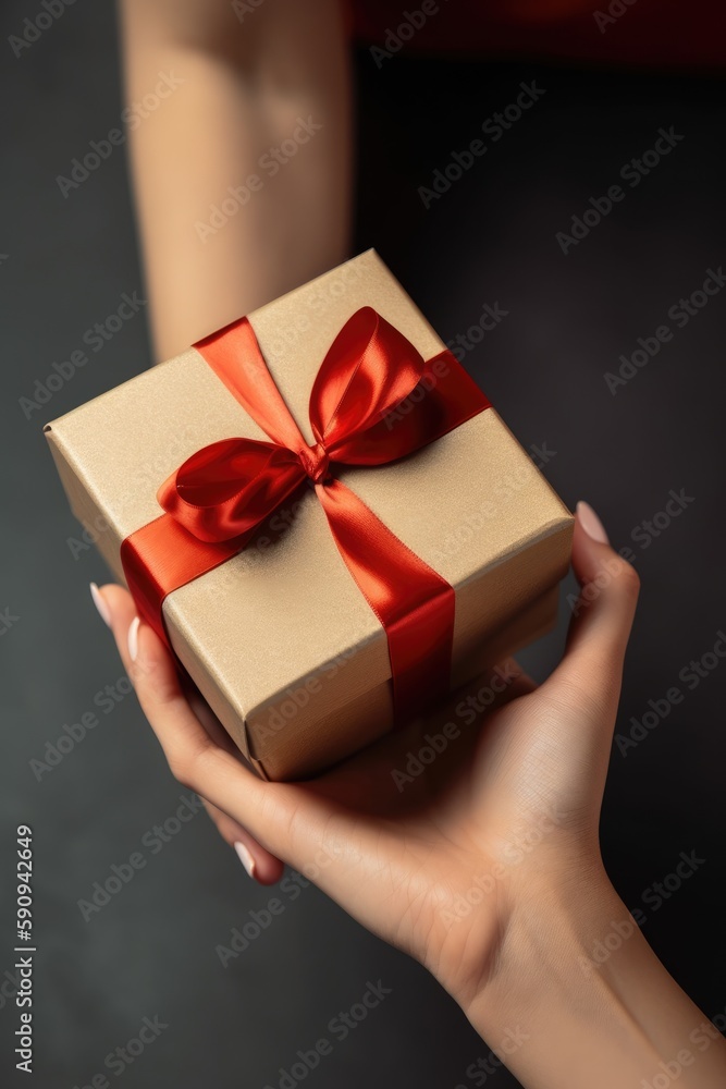 Gift box with ribbon bow in female hands. Generative AI Gift box with ribbon bow in female hands. Generative AI