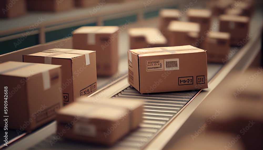 Cardboards boxes on the conveyor belt realistic. AI generated - obrazy, fototapety, plakaty 