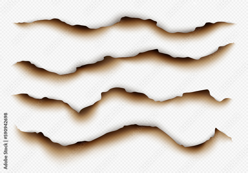 Burnt paper edges, scorched parchment, realistic torn edge with ash effect isolated on a light background. Vector illustration.