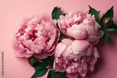 Top view photo of pink peony roses on isolated pastel pink background with copy space. Mother s Day celebration concept with generative ai
