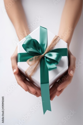 Gift box with ribbon bow in female hands. Generative AI