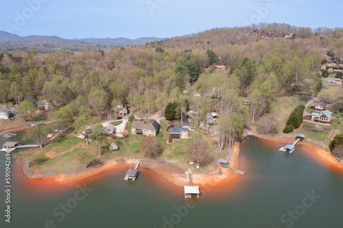 winter drone view of lake in the mountains