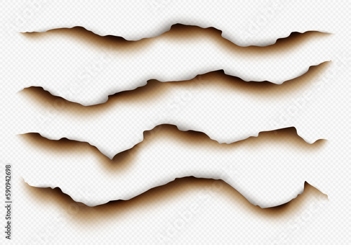Obraz na płótnie Burnt paper edges, scorched parchment, realistic torn edge with ash effect isolated on a light background. Vector illustration. w salonie