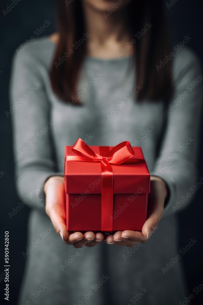 Gift box with red ribbon bow in female hands. Generative AI Gift box with red ribbon bow in female hands. Generative AI
