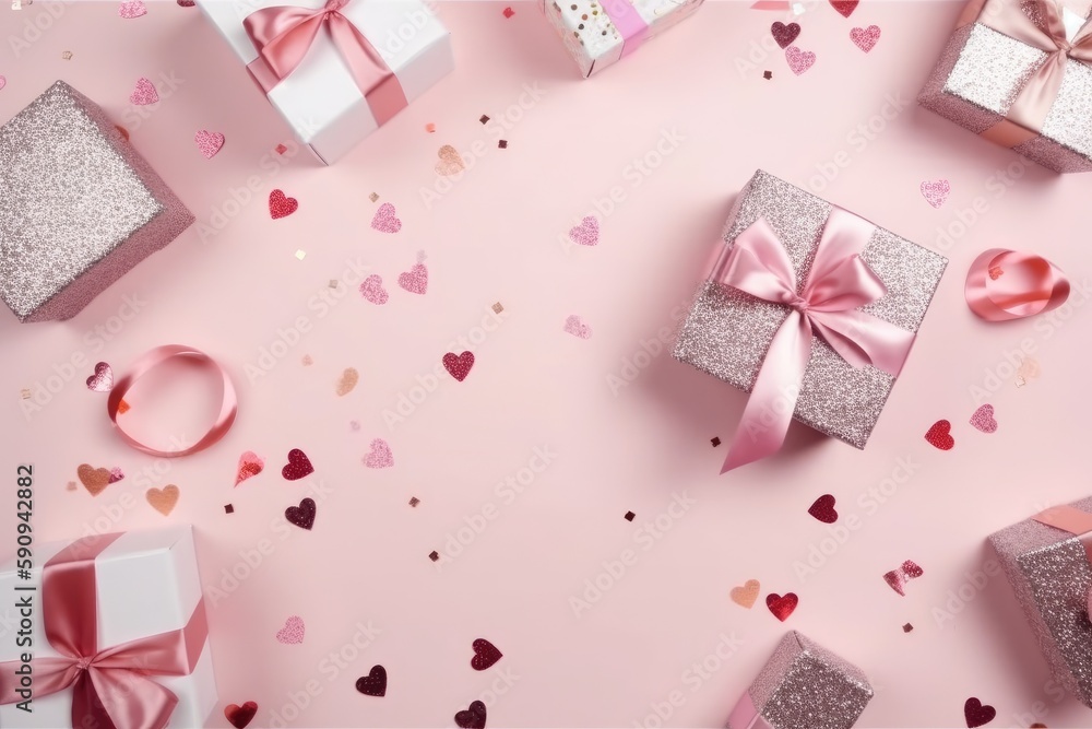 Top view photo of pink gift boxes with pink bow on isolated pastel pink background with copy space. Generative AI Top view photo of pink gift boxes with pink bow on isolated pastel pink background with copy space. Generative AI