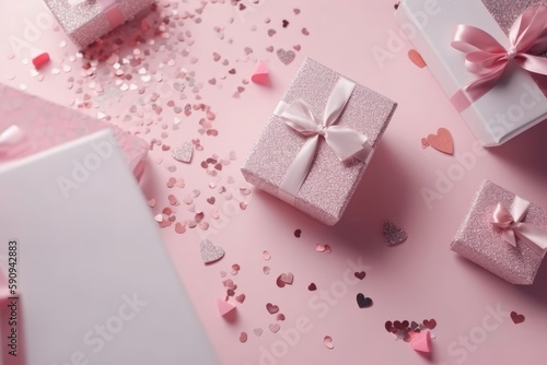 Top view photo of pink gift boxes with pink bow on isolated pastel pink background with copy space. Generative AI
