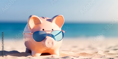 Summer piggy bank wearing sunglasses on the beach, generative ai © inspiretta