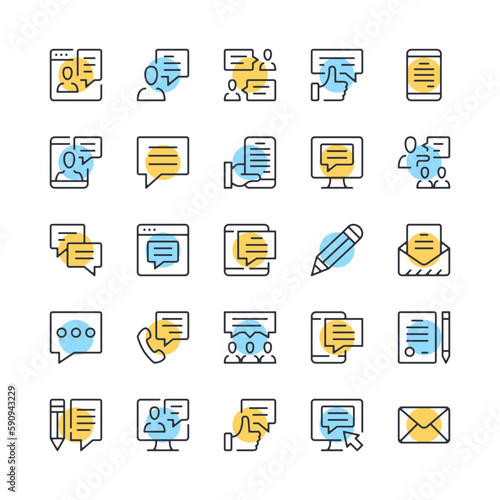 Message line icons. Set of communication icons. Black, blue and yellow colors. Modern outline graphic design. Vector line icons set