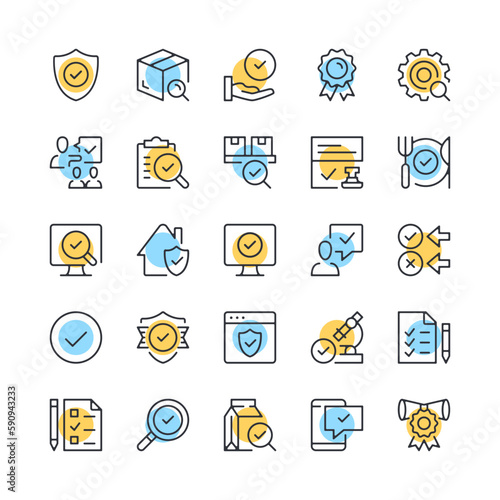 Quality control line icons. Set of check mark icons. Black, blue and yellow colors. Modern outline graphic design. Vector line icons set