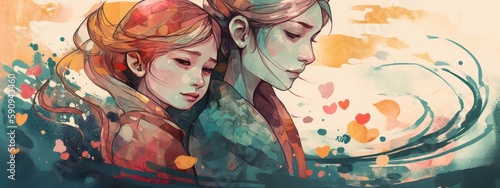 A watercolor drawing of a a mother and child together, illustration with generative ai © Mustafa