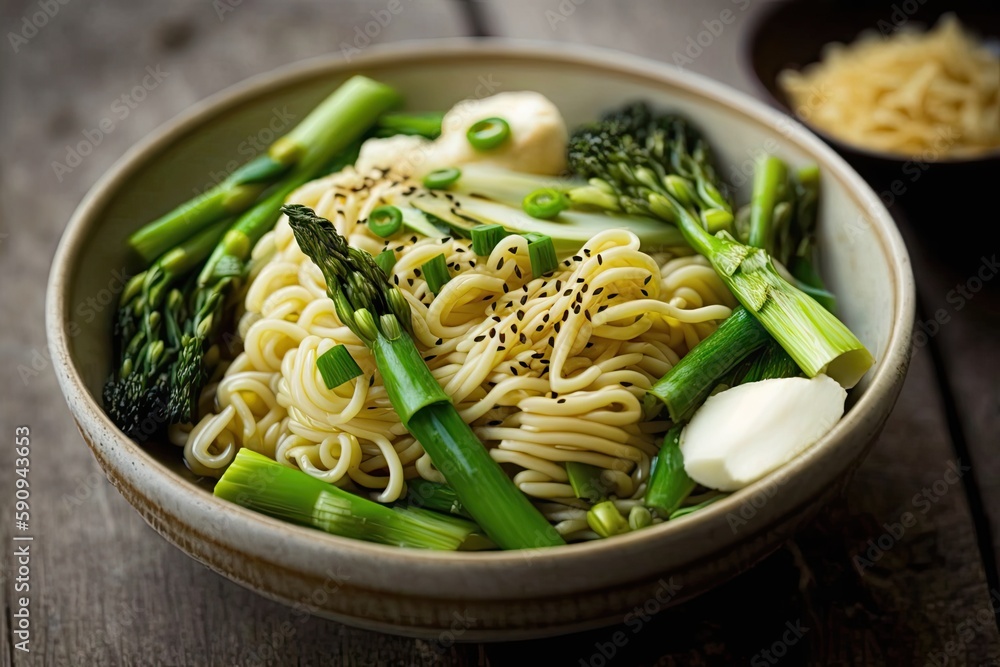 delectable bowl of asparagus and sesame seed noodles. Generative AI