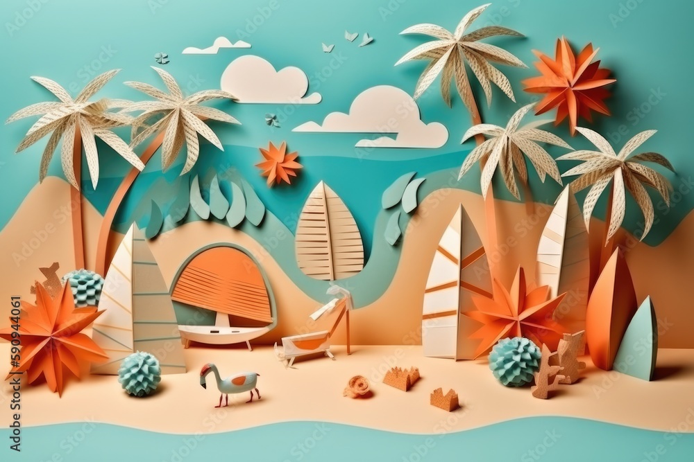 Summer travel vacation beach holidays concept. Retro paper art collage. Generative AI