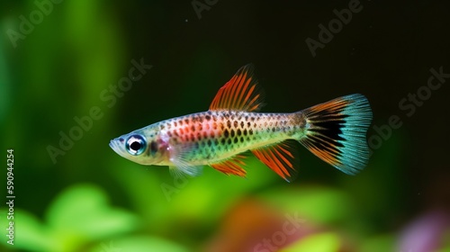 Colorful Male Guppy Swimming in Aquarium