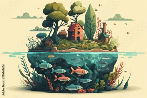quaint house on a small island in the middle of a fish-filled ocean. Generative AI