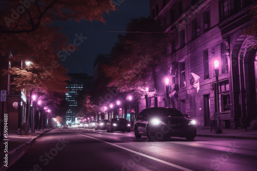 City Street With Cars And Glowing Purple Night Lights, Made Using Generative Ai