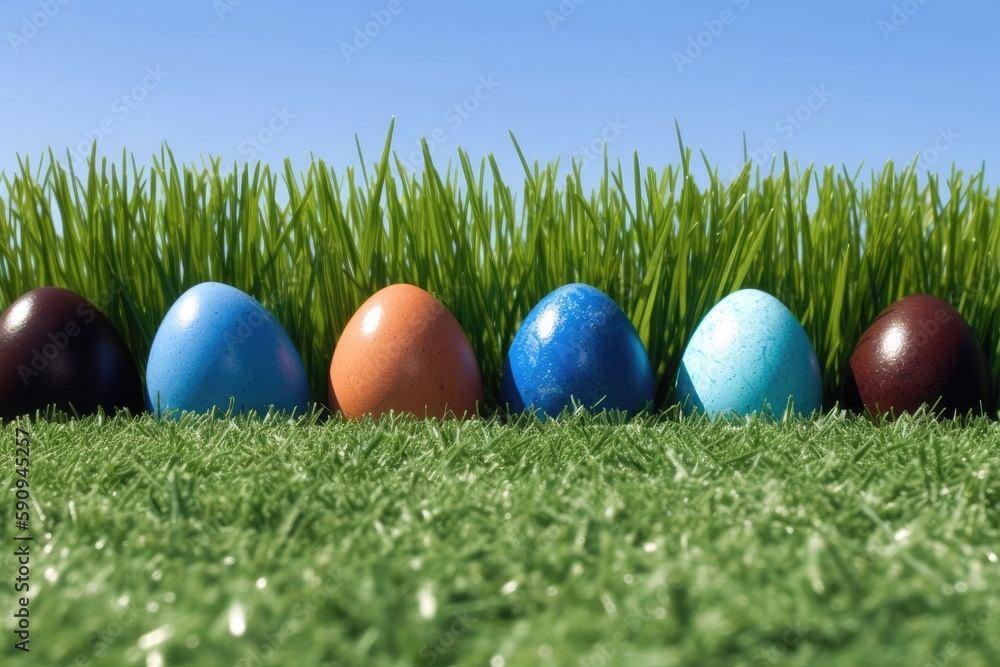 colorful Easter eggs arranged on green grass. Generative AI