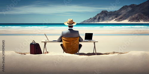 Distant work. A man in an office suit and sitting at a table with a laptop, right on the beach of a tropical island, view from the back. Generative AI photo