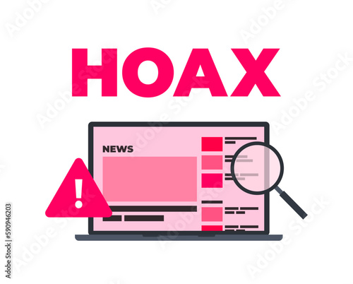 Hoax News Flat Vector Illustration Fake Disinformation False News through Laptop Gadgets with Warning and Checking Magnifying Glass Icon