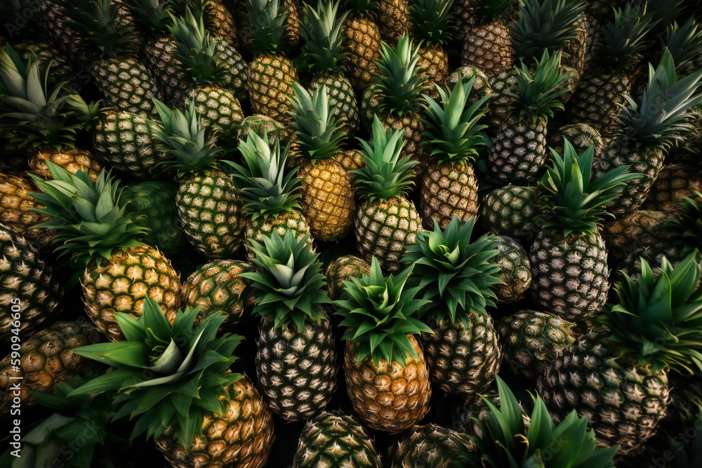 Pineapples are stacked in a large pile. Pineapples are stacked in a large pile.