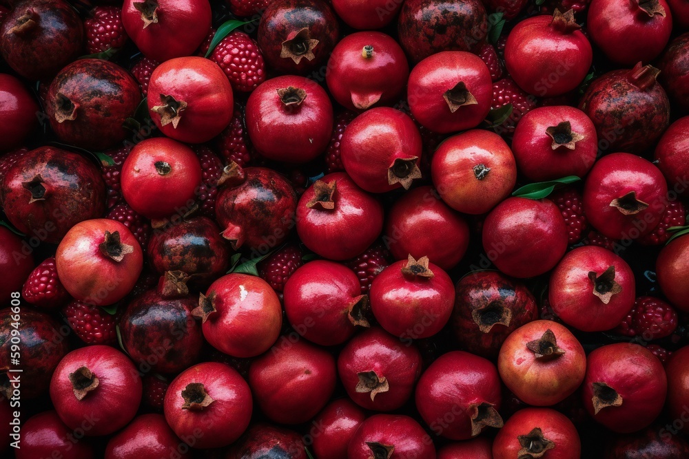 A lot of pomegranates are arranged in a pile. A lot of pomegranates are arranged in a pile.