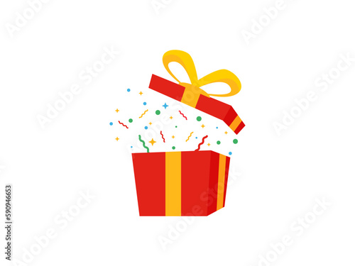 surprise red gift box, birthday celebration, special give away package, loyalty program reward, vector icon illustration
