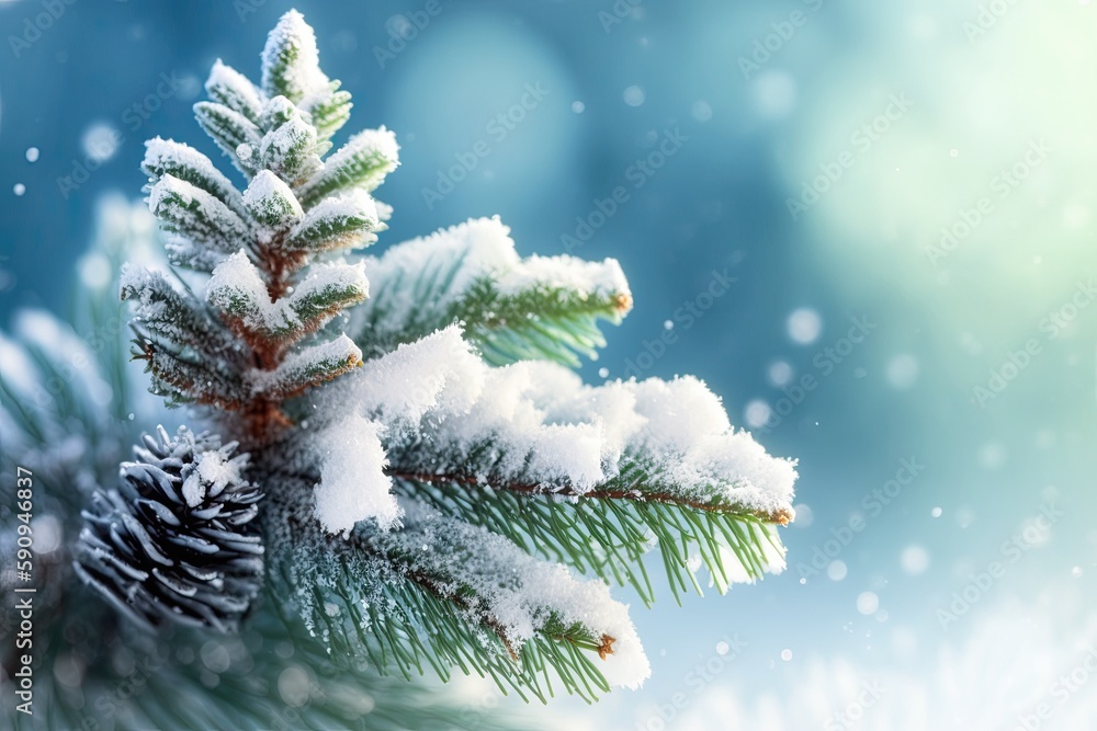 winter pine tree branch covered in snow. Generative AI winter pine tree branch covered in snow. Generative AI