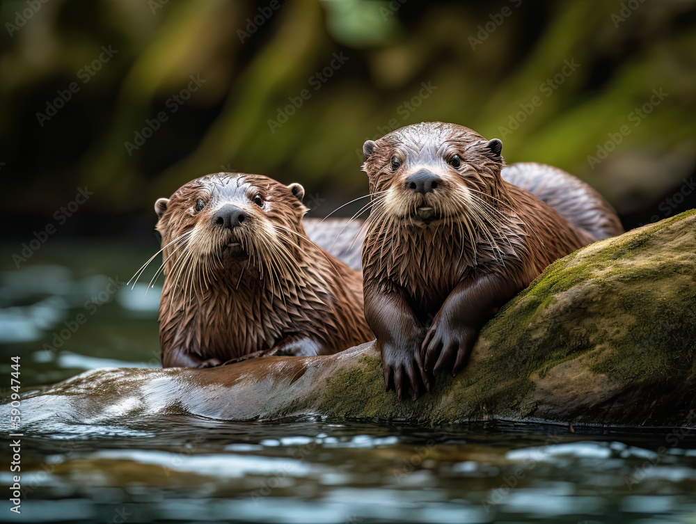 Playful Otter Duo Floating on Rocky River Playful Otter Duo Floating on Rocky River