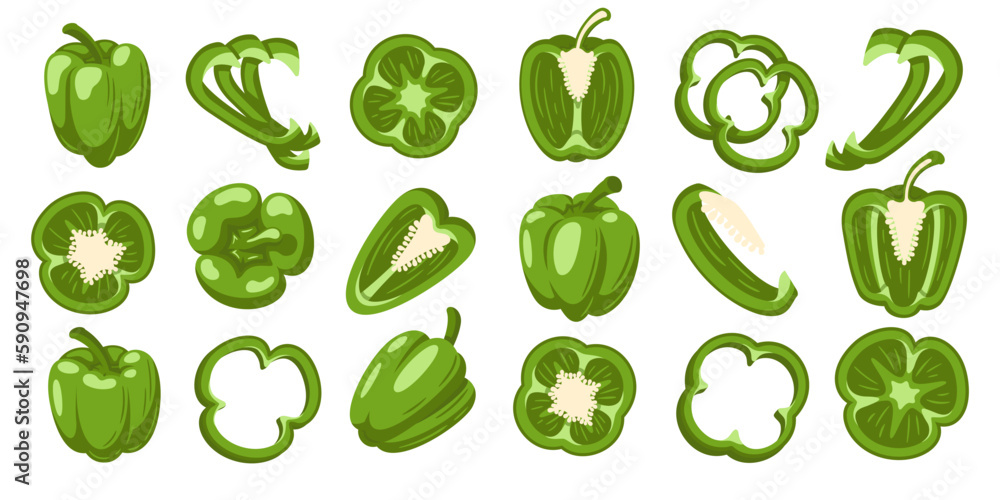 Sweet green bell peppers set isolated on white background. Bell peppers in Cartoon style. Vector illustration Sweet green bell peppers set isolated on white background. Bell peppers in Cartoon style. Vector illustration