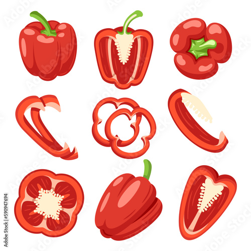 Sweet red bell peppers set isolated on white background. Bell peppers in Cartoon style. Vector illustration