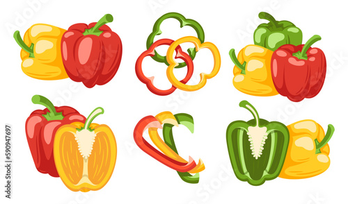 Sweet green  red and yellow bell peppers set isolated on white background. Bell peppers in Cartoon style. Vector illustration